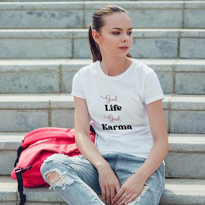 Good life Good Karma Print Women Round Neck White T-Shirt
