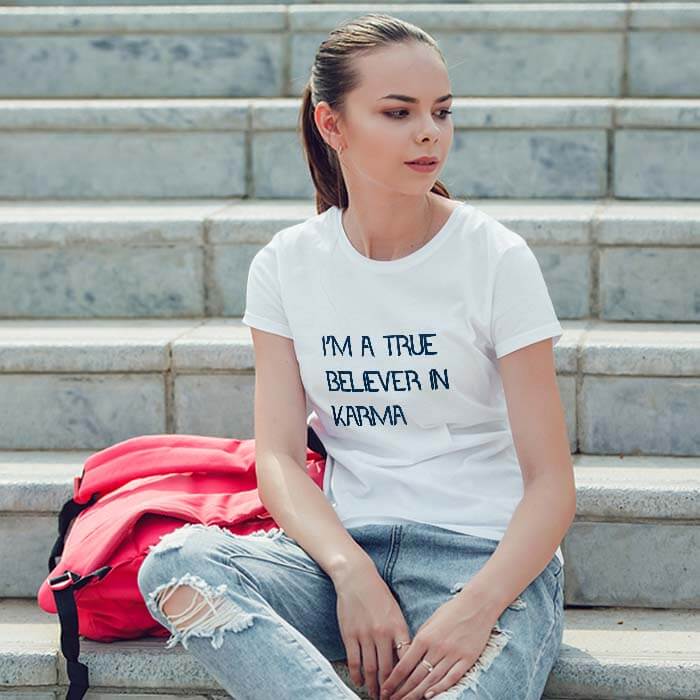 Karma Quotes Printed white t shirt women