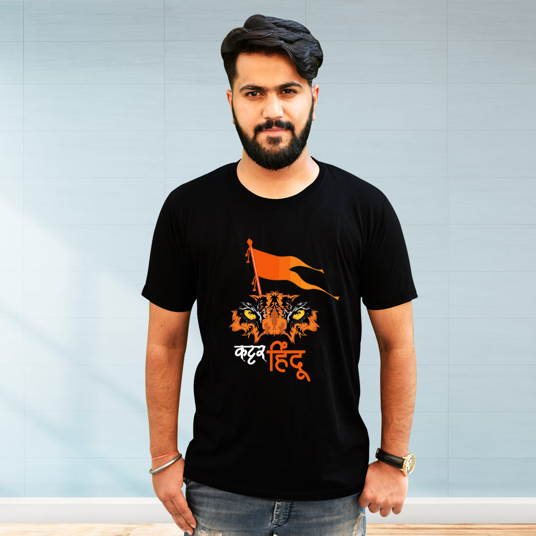 Kattar Hindu Quotes Printed Black T Shirt For Men