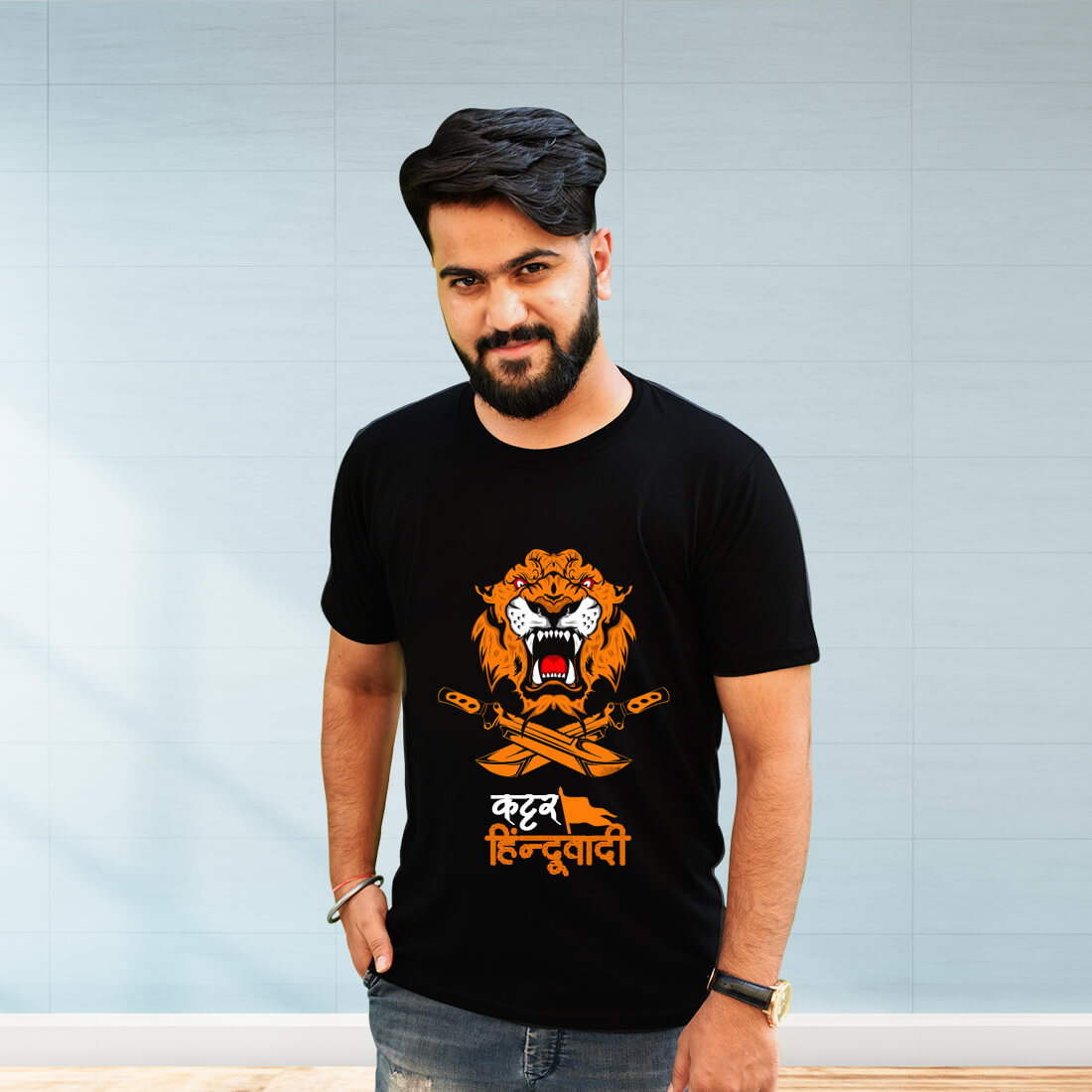 Kattar Hinduvadi Quotes Printed Black T Shirt For Men