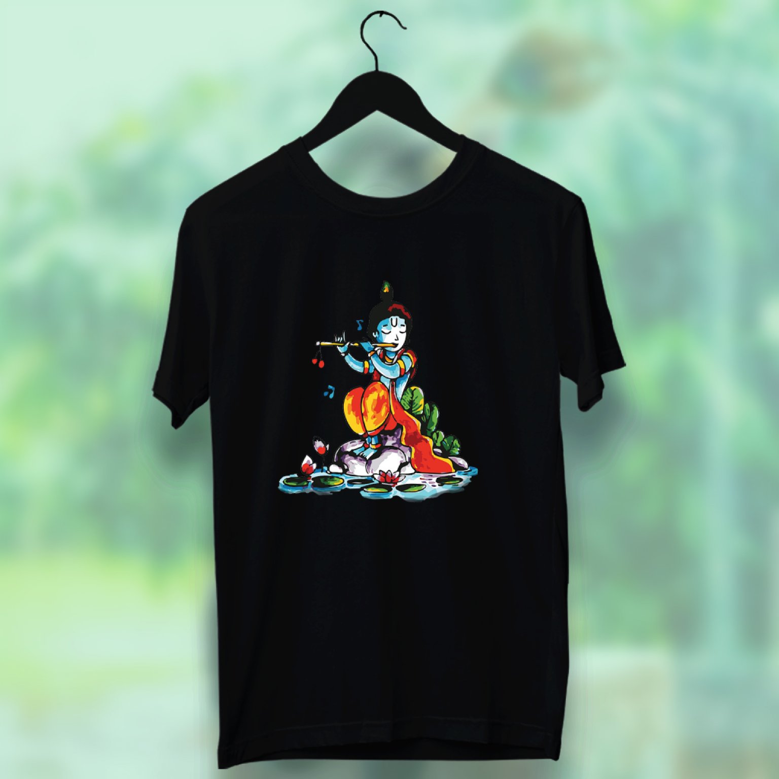 Lord krishna with Flute Printed Black T-Shirt for Men - Prabhubhakti