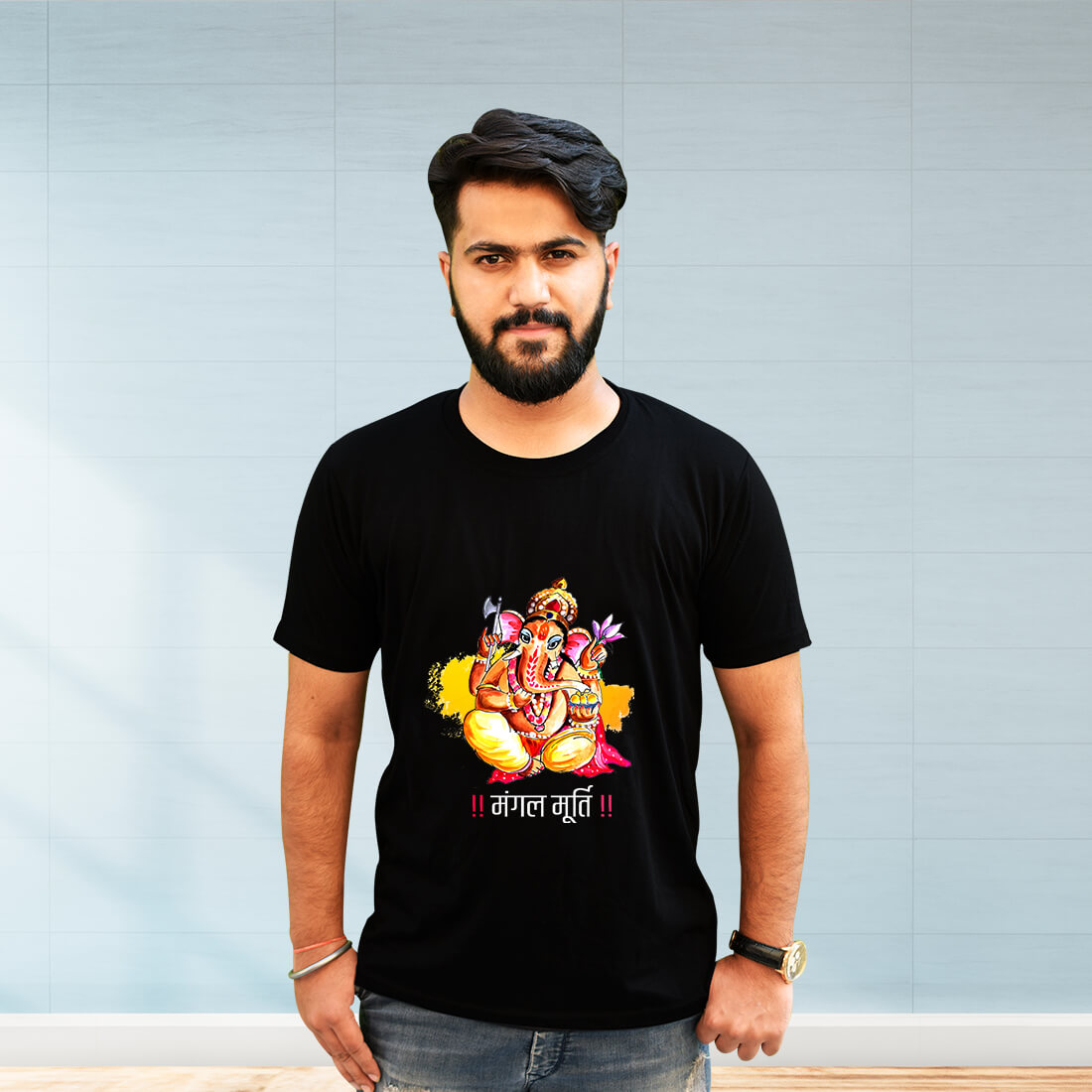 Mangal Murti Ganesh Printed Black Round Neck T Shirt
