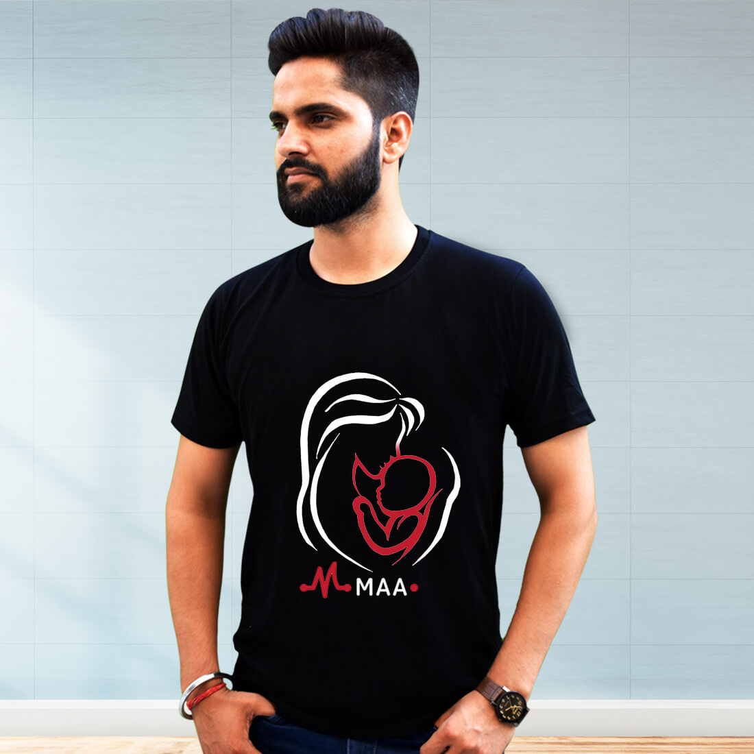 Mother and Son Sketch Printed Black T-Shirt for Men