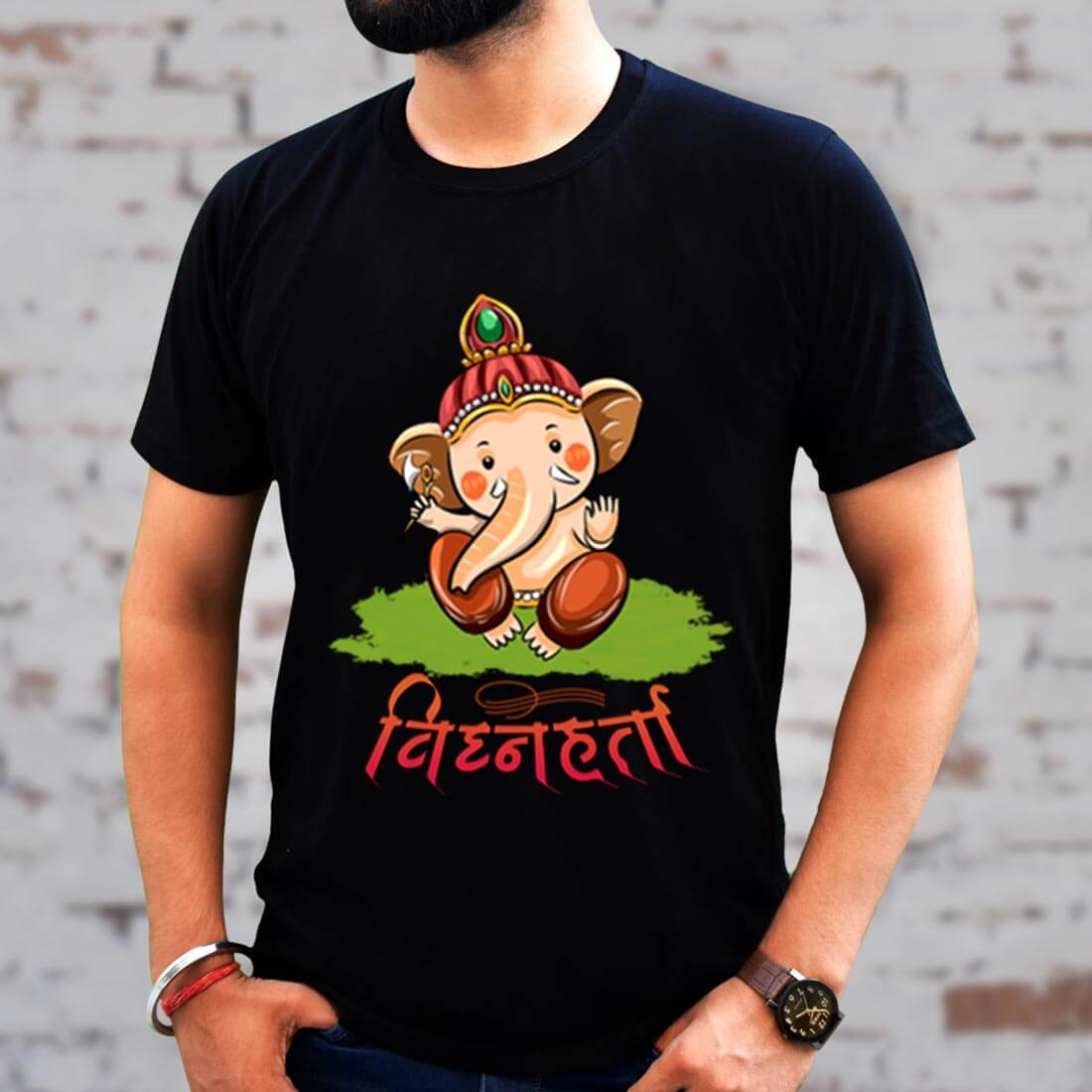 Vighnaharta Ganesh Printed Black T-Shirt for Men