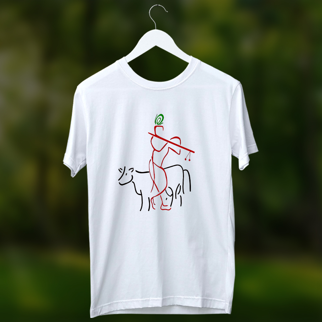 lord krishna with cow sketch printed round neck t shirt