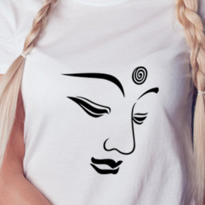 Buddha Face Lineart Printed Women's White Round Neck T-Shirt