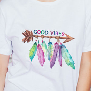 Feather Good Vibes Print White T Shirt Women