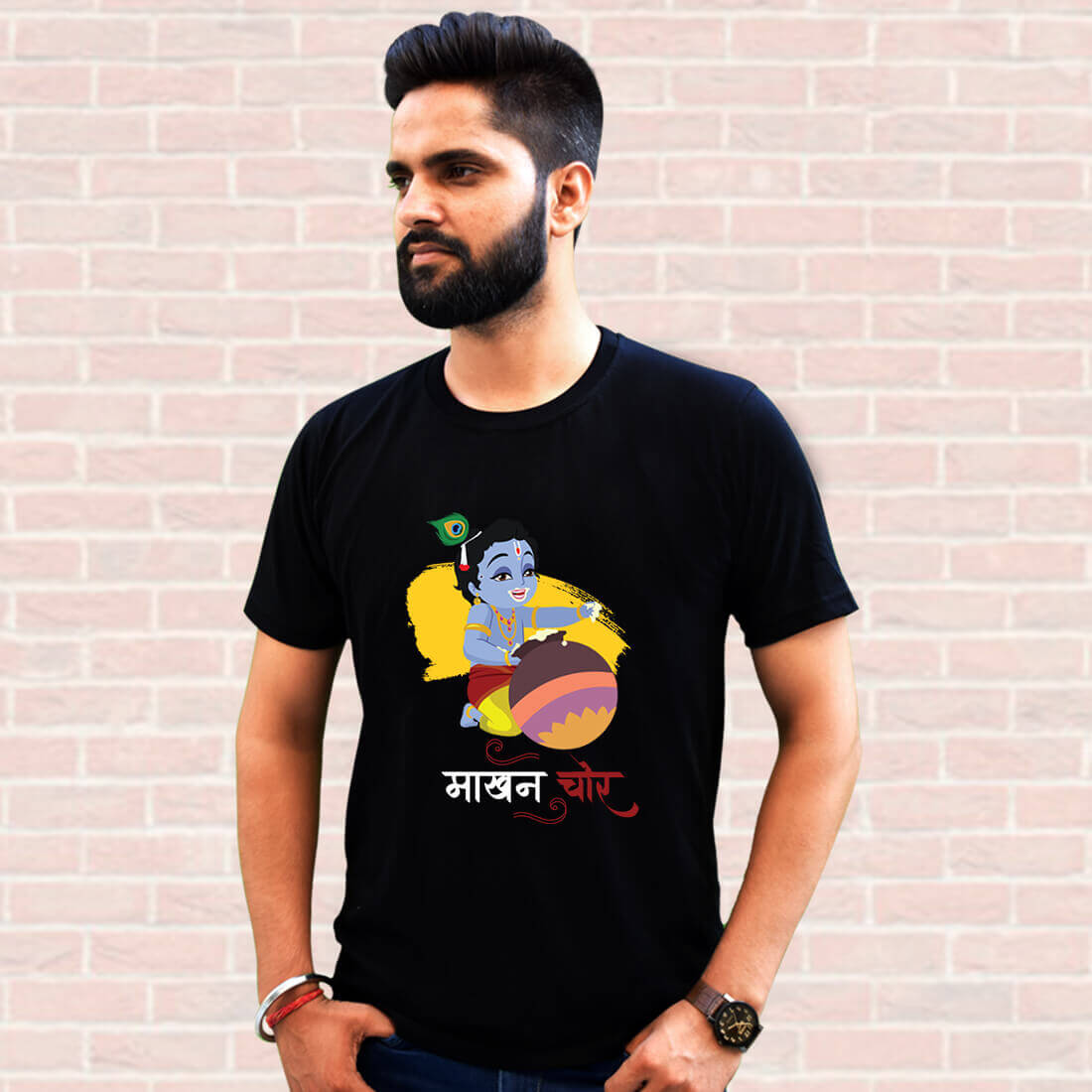Best Lord Krishna Design Black Stylish Men T-Shirt