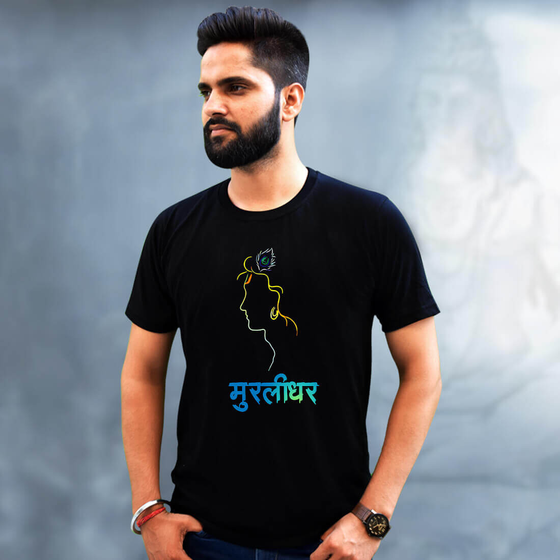 Best Lord Krishna Quote Print Black Stylish Men T-Shirt