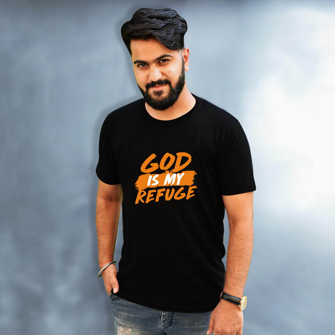 God is My Refuge Printed Black Oversized T Shirt