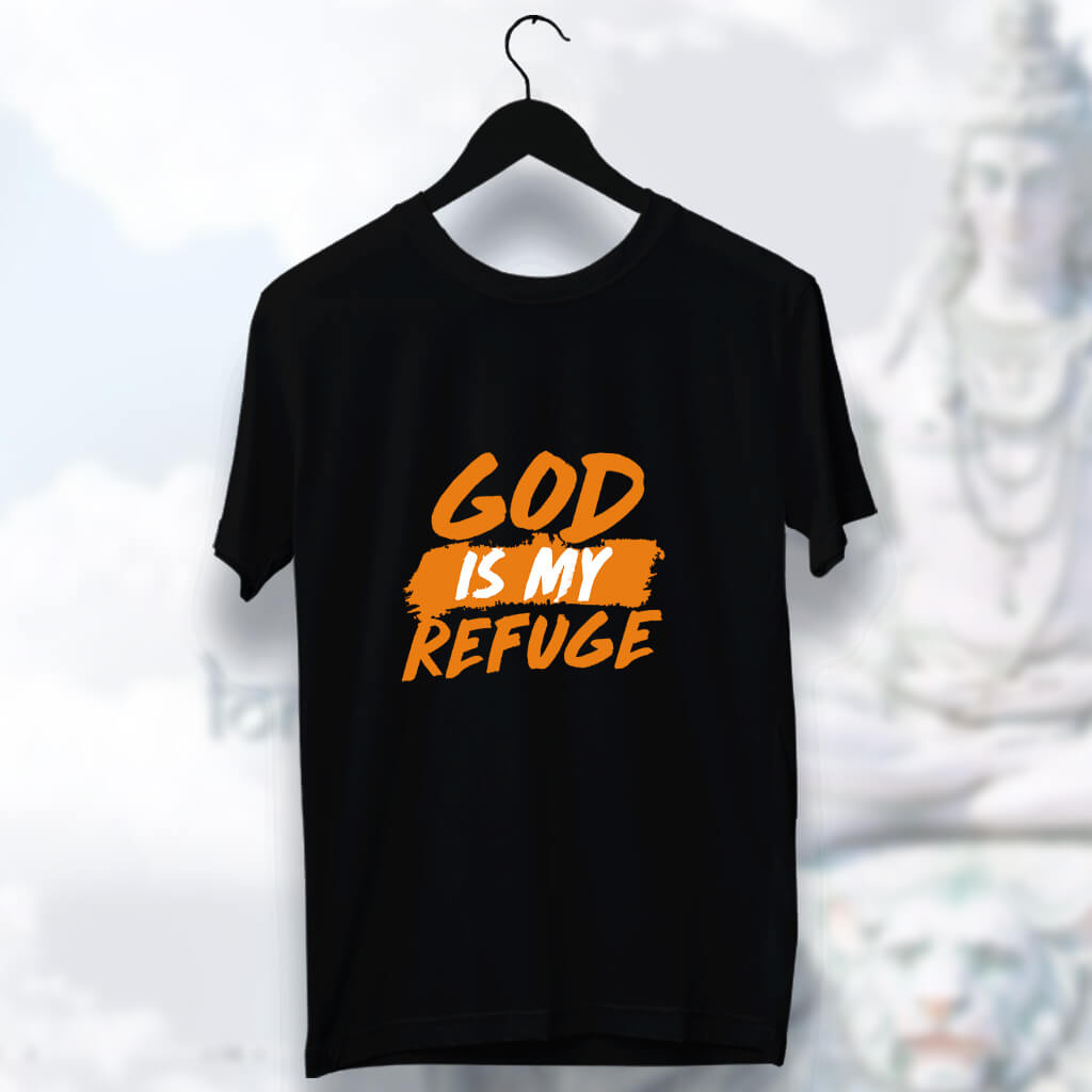 God is My Refuge Printed Plain Black T Shirt Mens